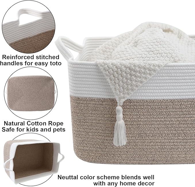 96L Large Blanket Basket,24"x16"x15"Rectangle Storage Bin with Handles,Woven Rope Laundry Basket for Toys, Clothes,Magazines,