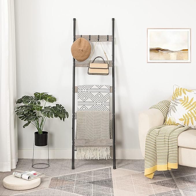 HOOBRO Blanket Ladder, 5-Tier Towel Rack with Hooks, Wall-Leaning Blanket Rack, Decorative Display Ladder Shelf, Scarves, Ind