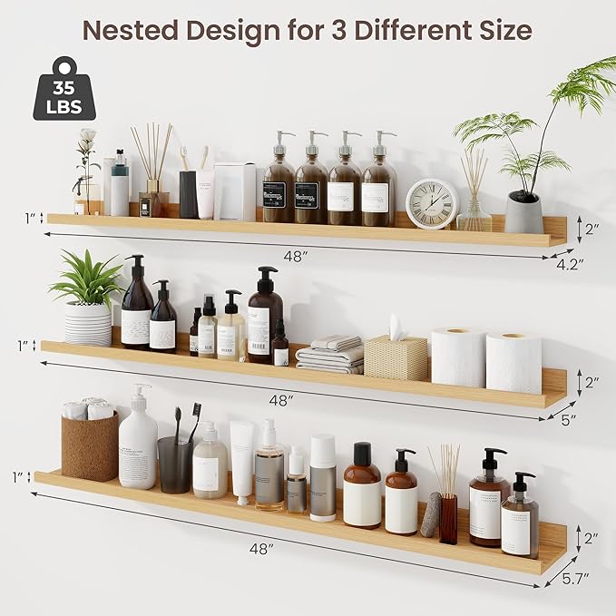 Axeman 48 Inch Floating Shelves with Lip, Set of 3 - Oak - Wall Mounted Shelves for Storage and Display - Engineered Wood - 2