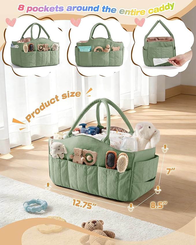 Marscamd Quilted Baby Diaper Caddy with Detachable Dividers and Wipes Pocket, Lightweight Baby Caddy Organizer with Handles a