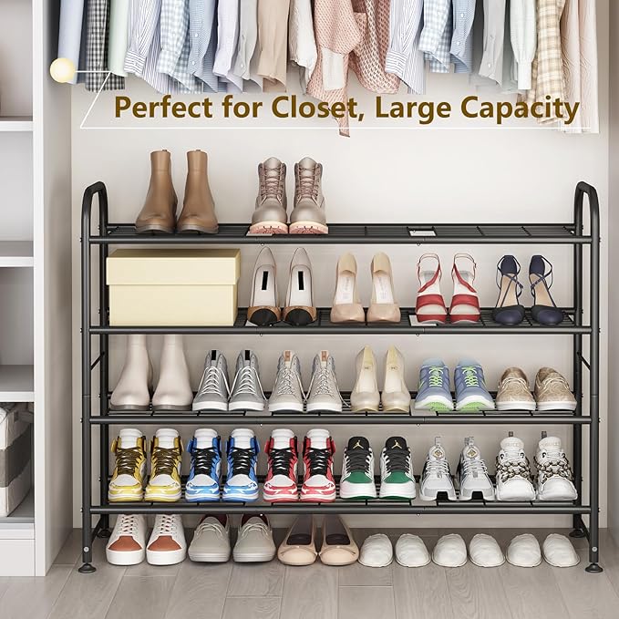 LINZINAR Shoe Rack Long 4 Tier Shoe Storage Organizer Metal Wide Shoe Shelf for Closet Entryway Bedroom 24 Paris Large Capaci