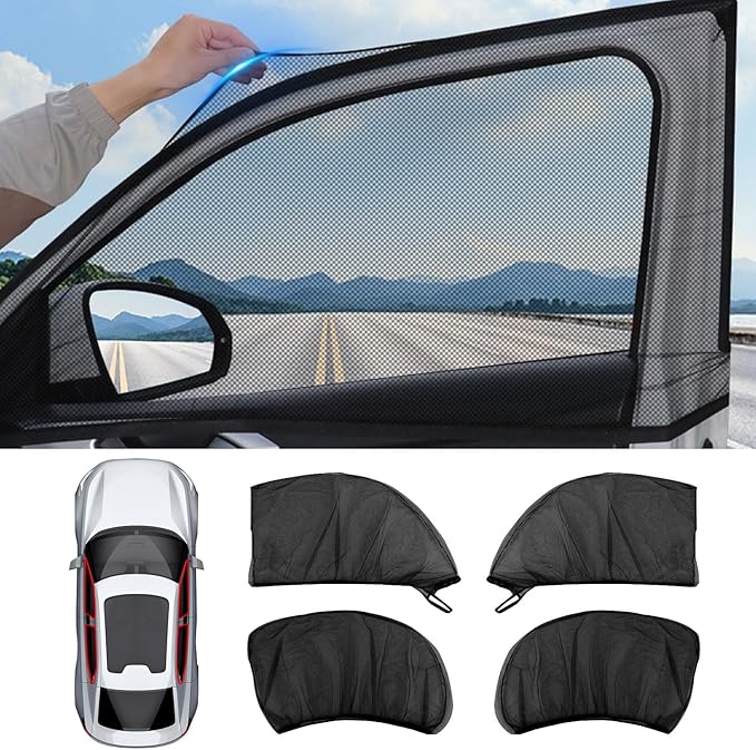 4-Pack Car Window Shades with Insect Screen, UV Blocking & Breathable Mesh, Universal Fit for 96% Cars, for Baby Kids Travel Camping, Heat Insulation & Privacy Protection