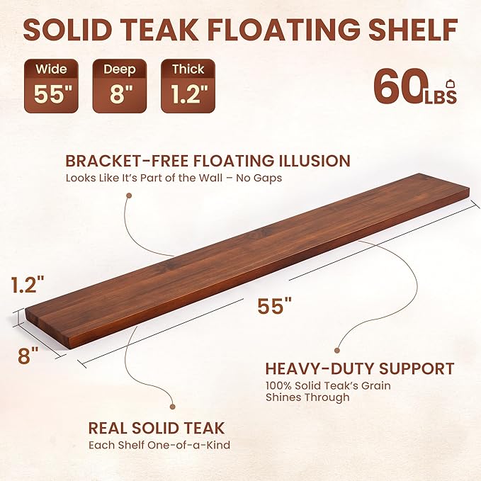 55 Inch Solid Wood Floating Shelf - 100% Solid Teak Wood Wall Shelf with Invisible Brackets - Waterproof Natural Wood Shelves