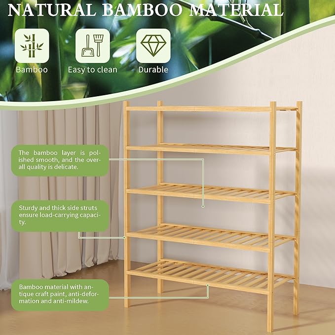 ROMGUAR CRAFT 5 Tier Bamboo Shoe Rack for Closet Free Standing Wood Shoe Shelf for Entryway Small Space Stackable 27"x11"x33"
