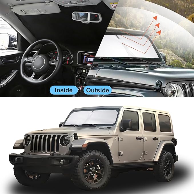 Front Windshield Sun Shade Foldable Front Window Sun Shade Windshield Shade Fit for 2018-2026 Jeep Wrangler JL & 2/4 Door 4XE & 2020-2026 Jeep Gladiator JT Block UV Rays
