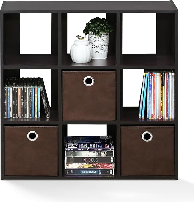 Furinno Simplistic 9-Cube Organizer with Bins, Small Size (Assembled Unit Dimensions : 7.9"D x 26.5"W x 26.7"H Inches), Dark 