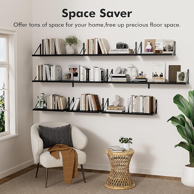 Floating Shelves for Wall, 24W x 8D Wide Bookshelf with Brackets Set of 3, Wood Wall Mounted Shelves for Living Room, Kitchen