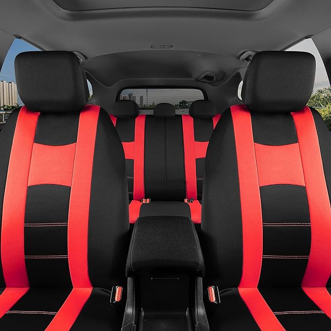 BDK carXS Forza Red Car Seat Covers Full Set, Two-Tone Front Seat Covers with Matching Back Seat Cover for Cars, PolyCloth Pr