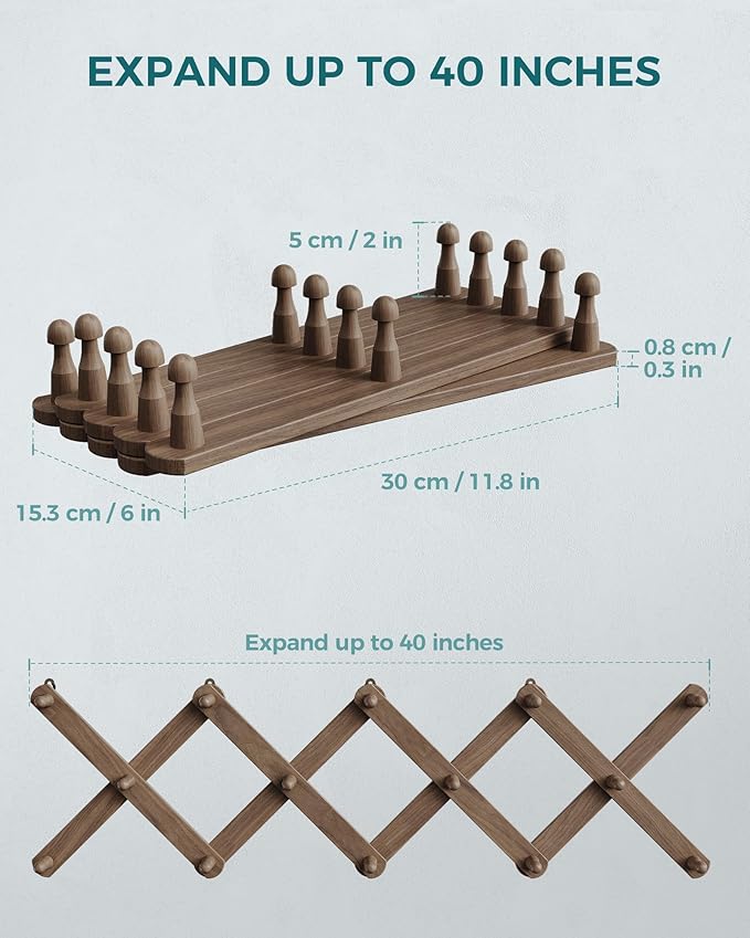 OROPY Wood Accordion Wall Hanger, Expandable Coat Rack Wall Mount with 14 Pegs, Expanding Hat Rack for Wall, X Shape, 27"×10"