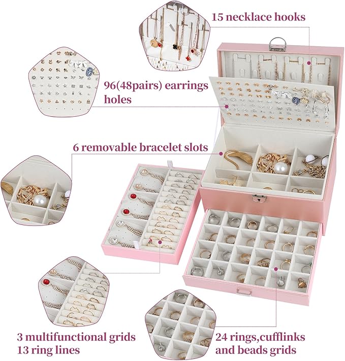 BOOVO Earring Jewelry Box For Women Girl Stud Organizer, 5 Layers Girl Jewelry Organizer Box With Lock Earring Holder Organiz