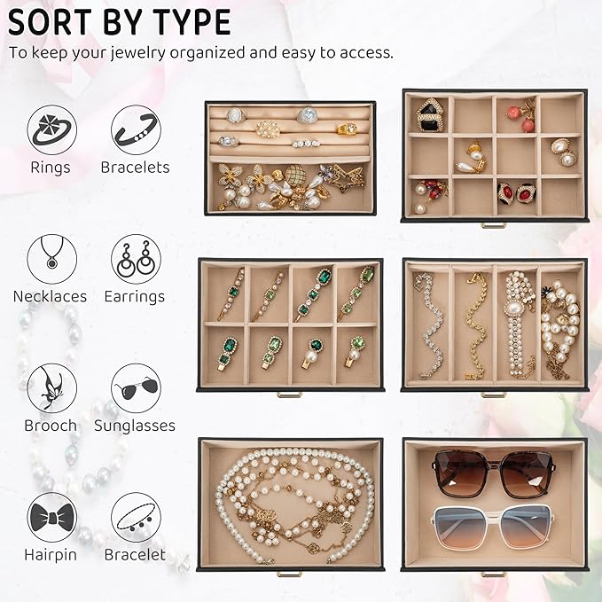 AKOZLIN Large 6-Tier Jewelry Box Lockable Leather Jewelry Storage Case with 5 Drawers for Women Girls Ring Necklace Earring B