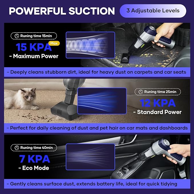 Mini Vacuum Cleaner, 3 in 1 Car Vacuum Cleaner High Power, 15000PA Powerful Suction, Air Duster, 7500mAh, Dual Filter,Adjusta
