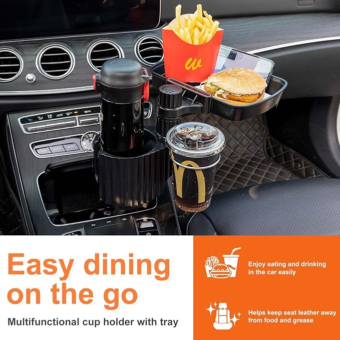 Car Large Cup Holder Expander, 3-in-1 Cupholder Extender with Swivel and Detachable Snack Food Tray Table for Eating, Travel 