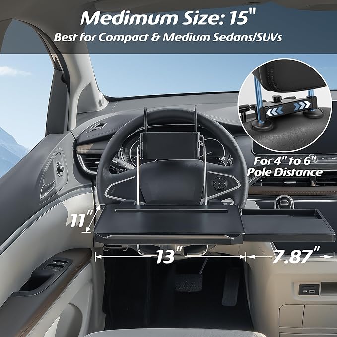 Paffenery Large Car Steering Wheel Tray Back Seat Headrest Tray with Phone Holder, Steering Wheel Desk Food Table for Car Laptop Mount Steering Wheel for Large SUVs, Trucks & Vans,14"
