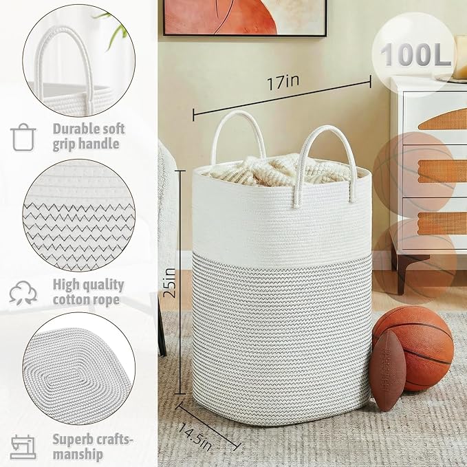 Laundry Basket,Woven Cotton Rope Laundry Hamper,Versatile Storage for Dirty Clothes,Baby Toys,and Blankets in Bathroom, Nurse
