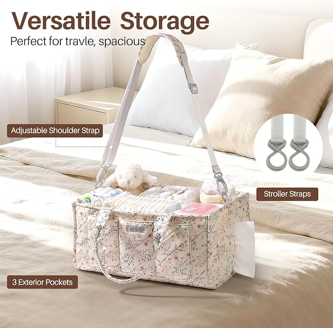 Baby Essentials Cute Floral Diaper Caddy Organizer – Portable Storage Basket with Shoulder Strap & Stroller Hooks, Splashproo