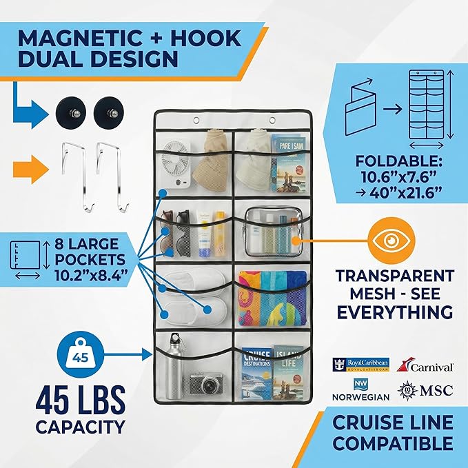 Magnetic Cruise Organizer, 8 Large Durable Pockets Over The Door Organizer For Cruise Ships, Magnetic & Hanging Cruise Organi