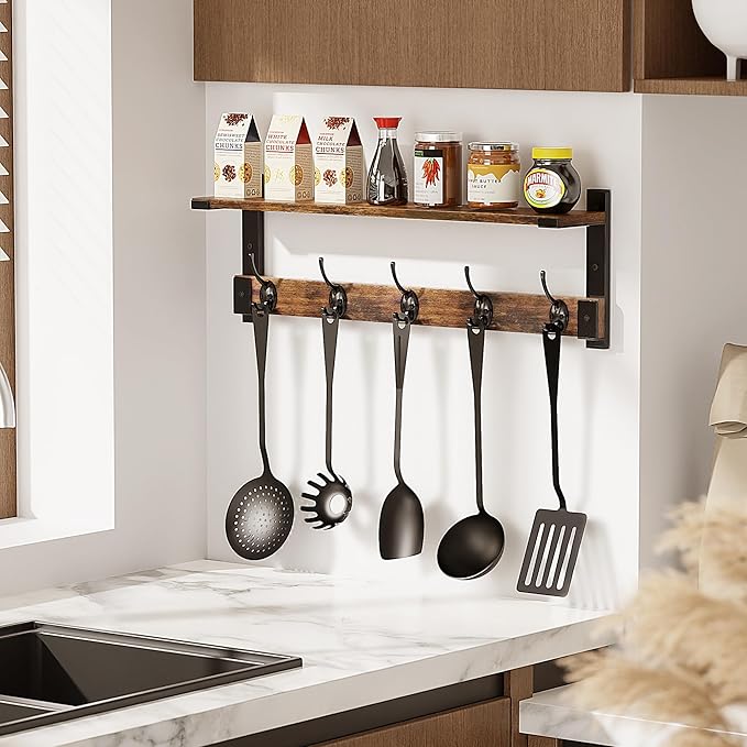 Oraich Coat Rack Wall Mount with Hooks and Shelf for Coat, Backpack, Key, Clothes Hanger, Wall Floating Shelf for Entryway, L