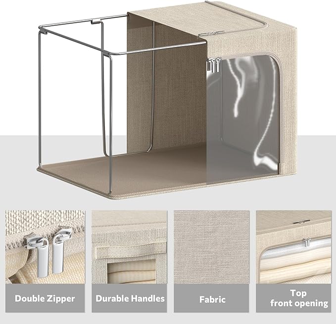 4 Pack Clothes Storage Bins with Metal Frame - Linen Fabric Foldable Stackable Container Organizer Set with Clear Window & Ca