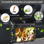 Accmor Bling Car Trash Can with Lid, Mini Vehicle Trash Bin, Car Dustbin Garbage Organizer with 60 Trash Bag, Leakproof Auto Storage Bag Container for Car, Home, Office (Carbon Fiber&Black Rhinestone)