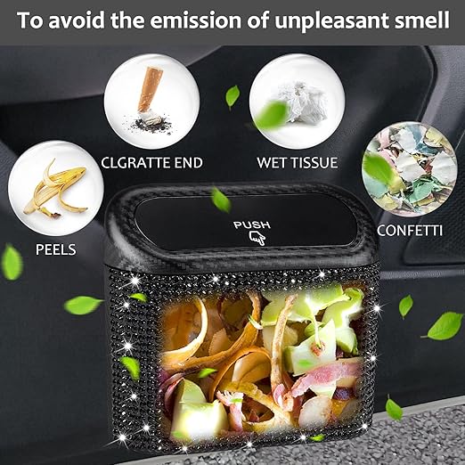 Accmor Bling Car Trash Can with Lid, Mini Vehicle Trash Bin, Car Dustbin Garbage Organizer with 60 Trash Bag, Leakproof Auto Storage Bag Container for Car, Home, Office (Carbon Fiber&Black Rhinestone)