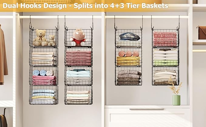 X-cosrack 7 Tier Foldable Hanging Closet Organizer and Storage,Wire Closet Shelving with 4 Large Hooks+ 5 S Hooks,Hanging Bas