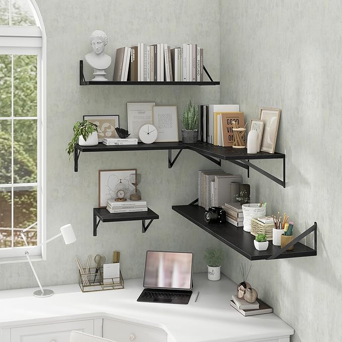 Deep Floating Shelves Wall Mounted, 36"x12" Black Wall Shelves with Brackets Set of 2 for Bedroom, Living Room, Bathroom, Kit