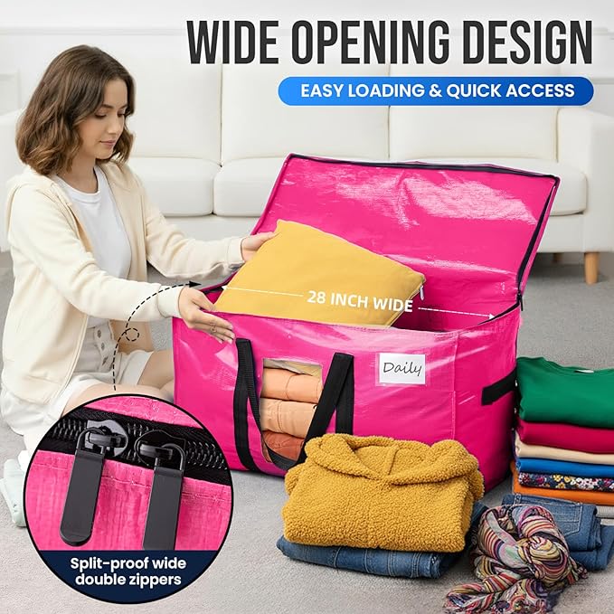 TAILI 12 Pack Pink Extra Large Moving Bags, Heavy Duty Totes with Visible Window, Wrap Around Handles, Space-Saving Storage S