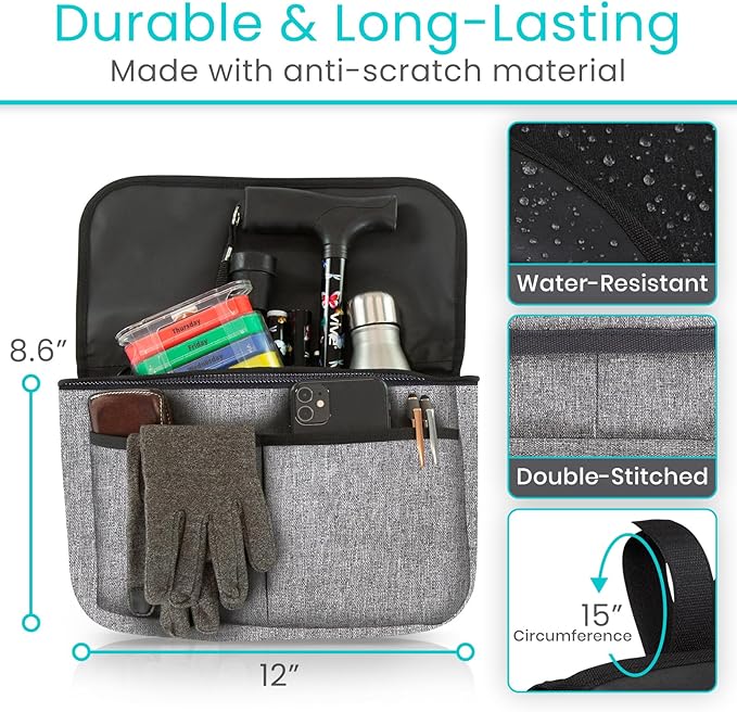 Vive Wheelchair Carry Bag - Arm Rest Pouch for Rollator, Walkers, Power Wheel Chairs and Knee Scooters - Side Storage Organiz