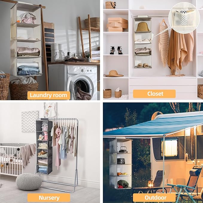 2 Packs Hanging Closet Organizer Storage, 4-Shelf Hanging Shelves for Closet, Closet Clothes Organizer and Storage with Side 