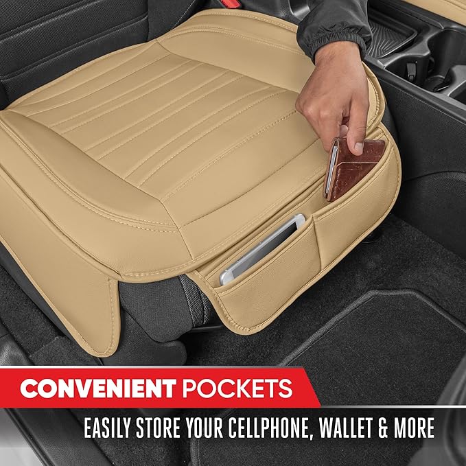 Motor Trend Seat Covers for Cars Trucks SUV, Faux Leather Beige Padded Seat Covers with Storage Pockets, Premium Interior Car
