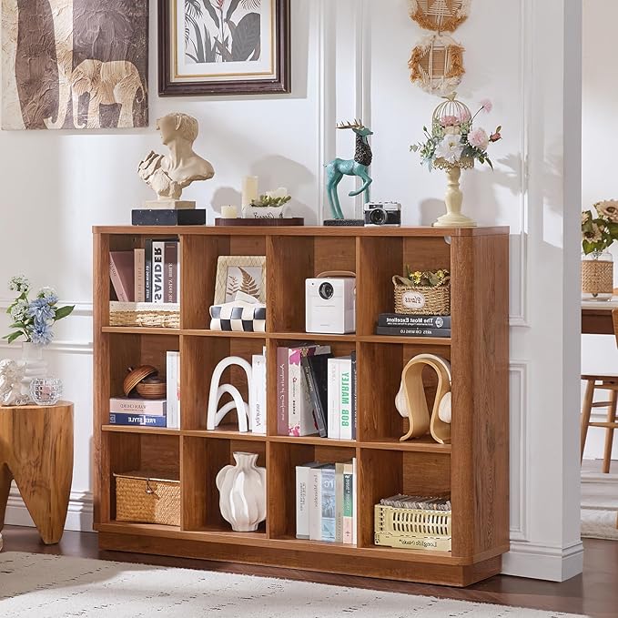 Joaxswe 12 Cube Storage Organizer, 41" Wide Large Bookshelf with Curved Edge, Wood Floor Standing 3-Tier Cubby Bookcase w/Bas