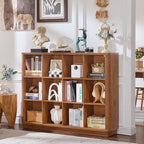Joaxswe 12 Cube Storage Organizer, 41" Wide Large Bookshelf with Curved Edge, Wood Floor Standing 3-Tier Cubby Bookcase w/Bas