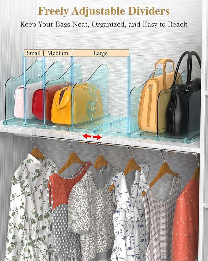 SURETIVIAN Rose Purse Dividers for Closet, 2 Pack Clear Clutch Purse Closet Organizers, Adjustable Handbag Storage Organizers
