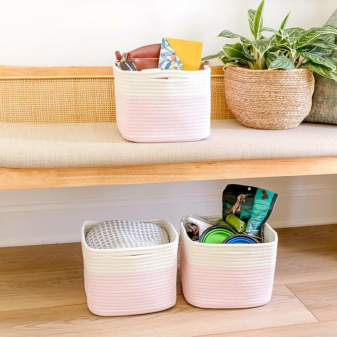 NaturalCozy Storage Cubes 9”x9”x7”Cotton Rope Woven Baskets for Organizing 3-Pack | 9 Inch Cube Storage Bin | Small Basket fo