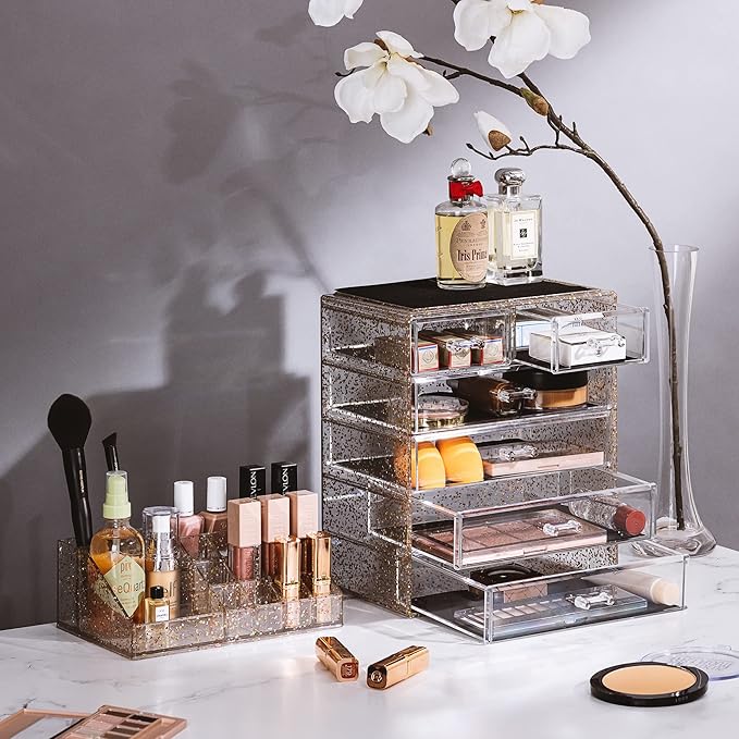 Sorbus Acrylic Makeup Organizer Set, 6-Drawer Vanity & Countertop Cosmetic Storage with Small & Wide Compartments, Glitter Ma