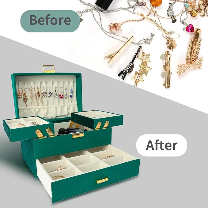 Dajasan Jewelry Organizer Box, Large Velvet Jewelry Boxes for Women Girls, Space-Saving 3 Layers Jewelry Storage Case with Dr