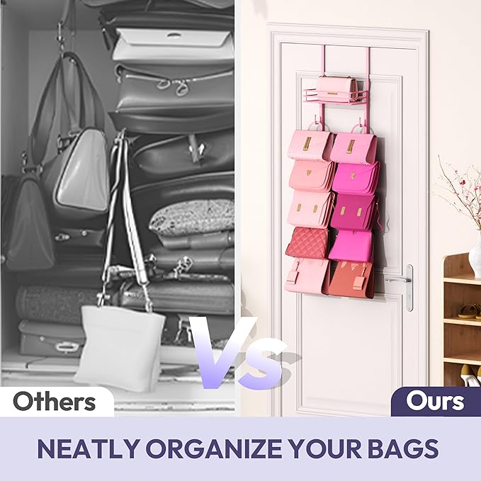 SWTYMIKI Over The Door Purse Organizer - Wall Mounted Handbag Organizer with 10 Hooks and Metal Basket, Hanging Purse Storage