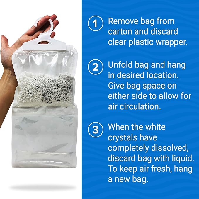 4 Pack Moisture Absorber Hanging Bags, Boat Dehumidifier with Charcoal, Unscented, Removes Dampness and Musty Odors, Ideal