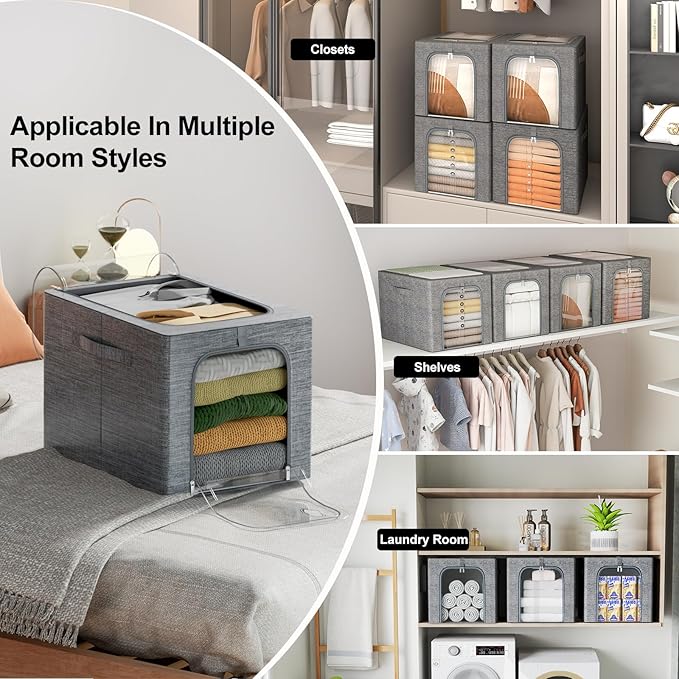 GoMaihe Clothes Storage Bin with Metal Frame: 4-Pack Stackable Closet Storage Bin with Lid & Clear Window, Sweater Boxes Stor