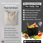 VeraMia Canvas Grocery Bag 3pc XL Set with Real Pockets, Long Shoulder Strap and Short Handle. Heavy Duty, Foldable, Washable