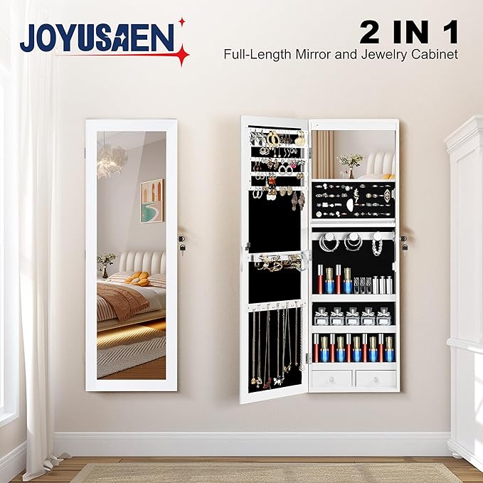 Mirror Jewelry Cabinet, Wall/Door Mounted Jewelry Armoire with Full-Length Mirror, Hanging Jewelry Organizer with LED Interio