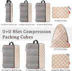 U+U 8 Set Compression Packing Cubes - Ultralight Travel Organizers with Laundry Bag and Cosmetic Bag, Space-Saving Suitcase O