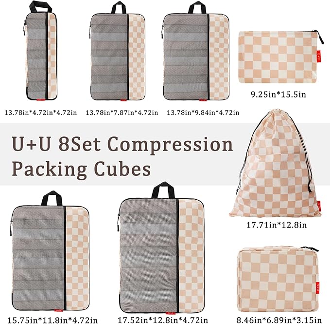 U+U 8 Set Compression Packing Cubes - Ultralight Travel Organizers with Laundry Bag and Cosmetic Bag, Space-Saving Suitcase O