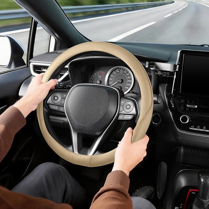 SEG Direct Steering Wheel Cover 14.5-15 inch (37-39 cm) Medium Size, Microfiber Leather, Non-Slip Comfortable Grip, Fits Cars