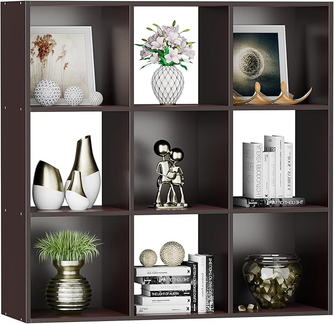 SUPER DEAL 9 Cube Storage Organizer, 3 Tier Bookshelf Open Shelf Display Rack with 5 Removable Back Panels Wood Bookshelf Sys