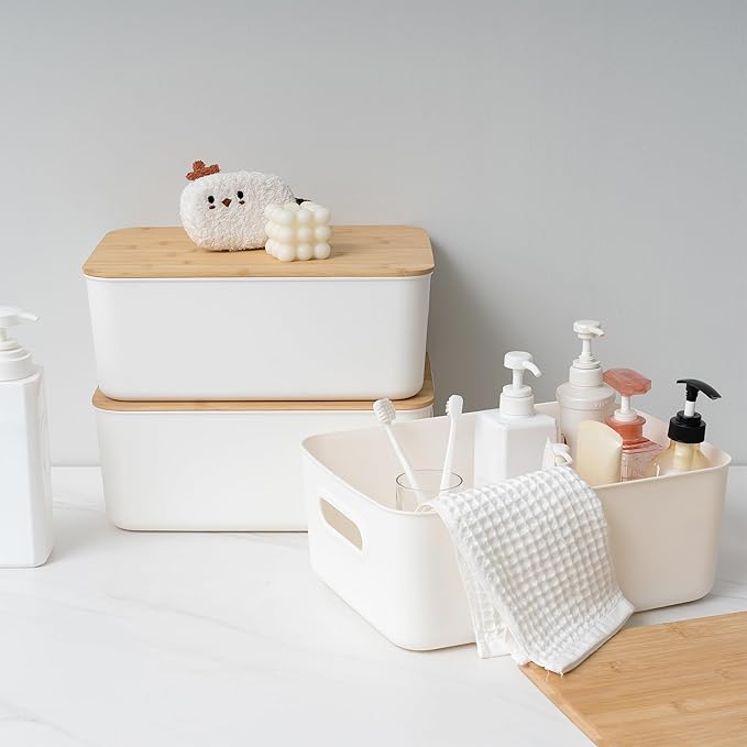 Citylife 4 PCS Storage Bins with Bamboo Lids Plastic Storage Containers for Organizing Stackable Storage Box with Handle, 15 