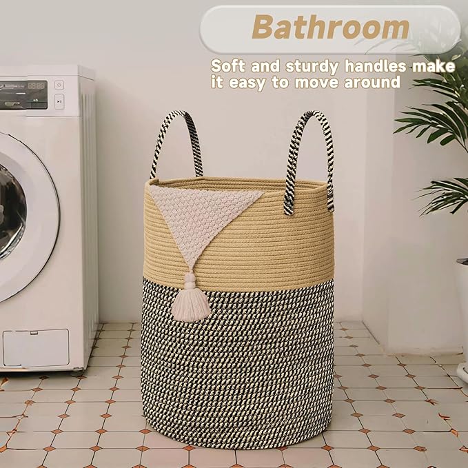 JMvicyroam Large Woven Laundry Basket Hamper,100L Cotton Rope Storage Bin for Blankets,Toys and Clothes,Decorative Tall Nurse