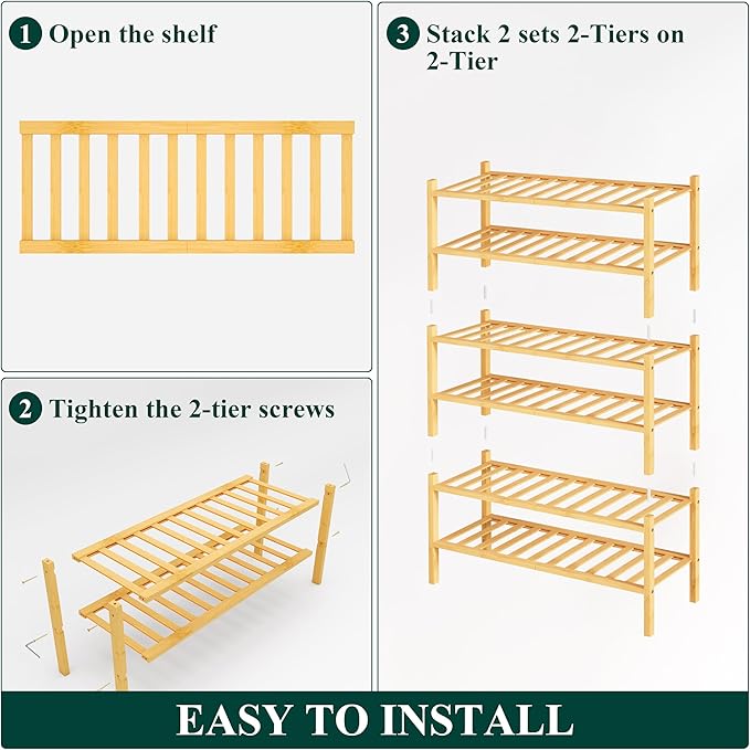 Smiry Shoe Rack, 6 Tier Bamboo Shoe Organizer, Stackable Free Standing Wooden Shoe Storage Shelf for Closet, Entryway, Front 