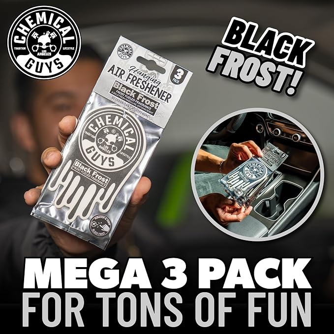 Chemical Guys Hanging Air Freshener, Black Frost Scent 6 Pack, Great for Cars, Trucks, SUVs, RVs, Home, Garage, Workspace, Do